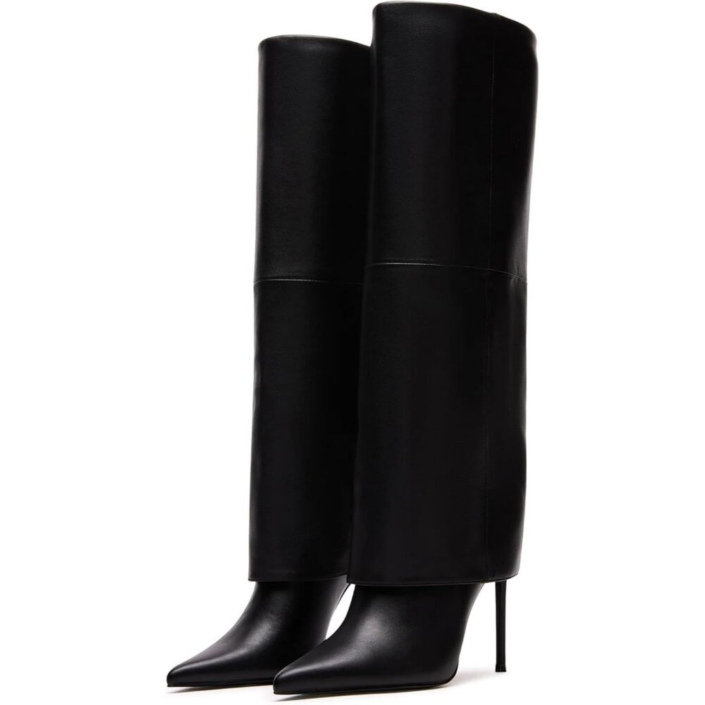 Women’s Fashion Fall Winter Black Fold Over Pointed Toe Knee High Heel Boots